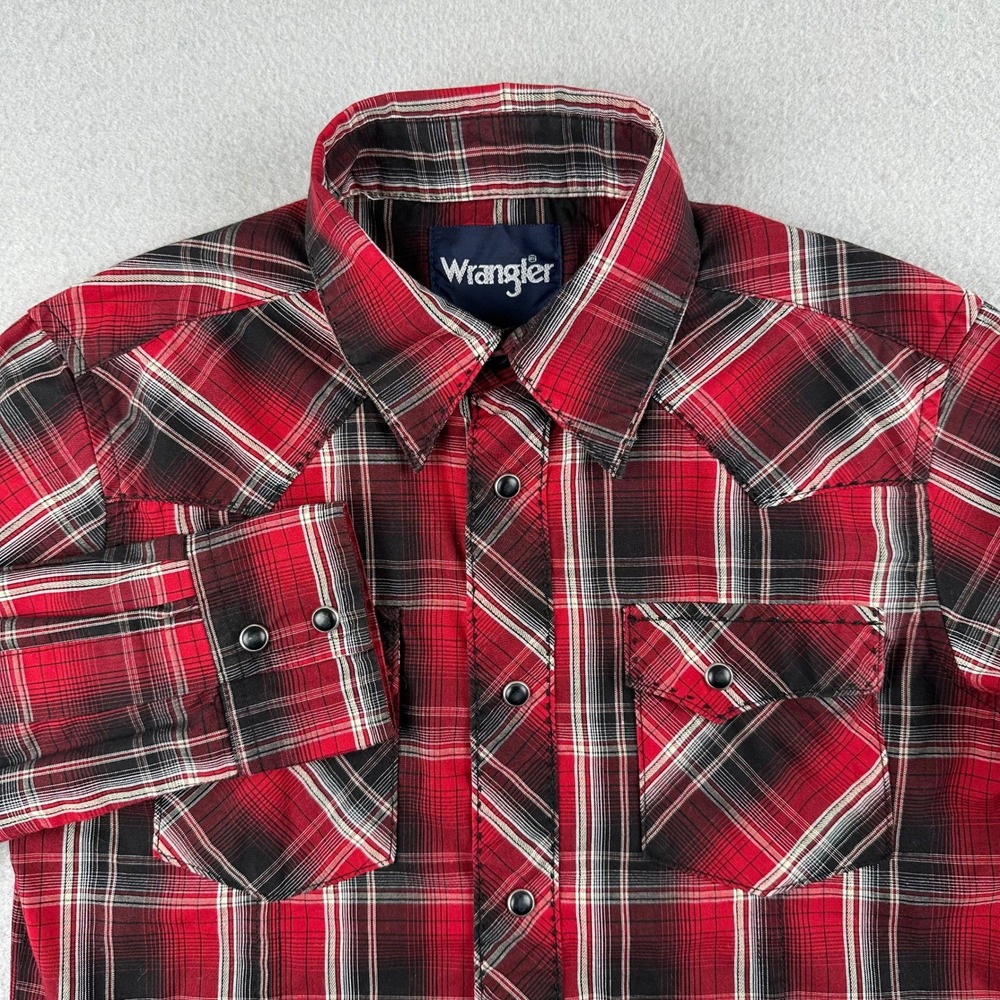 Wrangler Western Shirt Kids Medium 7-8 Red Black Plaid Snap Front Long Sleeve